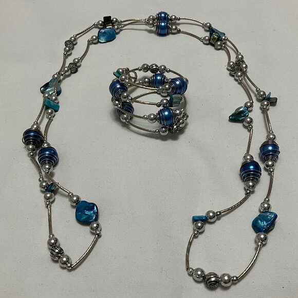 Fashion Costume Blue Silver Bead & Stone Rope Necklace and Bracelet Set - Picture 5 of 12